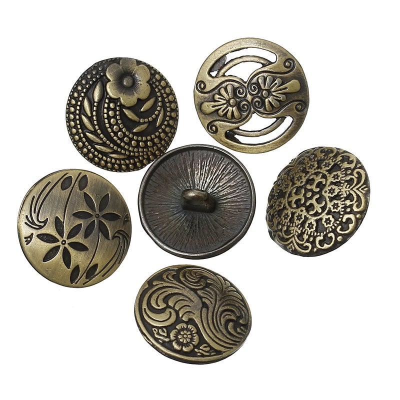 JGFinds Shank Button - 30 Pack  6 of Each Assorted Design  Carved Bronze Tone Metal  Mixed Antique and Vintage Look Flowers and Wave Patterns  17mm Diameter  Decorative Blazer Clothes Luxury Buttons - Image 1